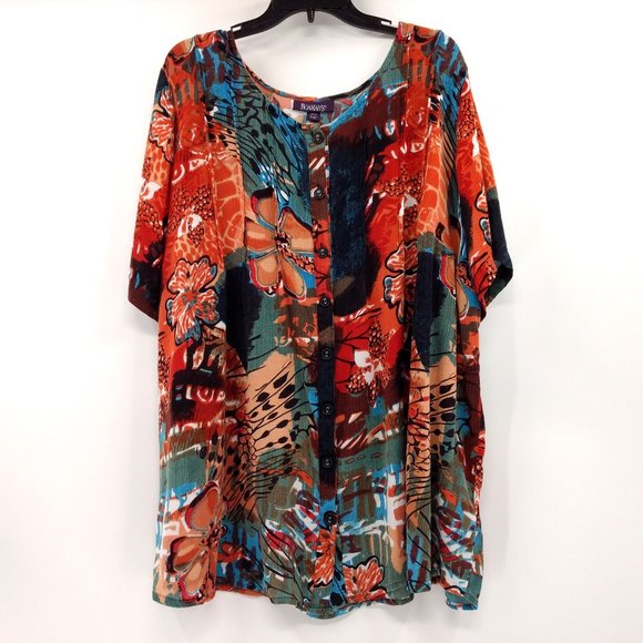 ROAMAN'S Blouse 24W Multicolor Rayon Floral Scoop Neck Button FLAW - Picture 1 of 14